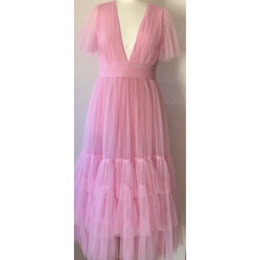 Showpo Jiraya Midi Flutter Sleeve Tuelle Plunge Pink Dress Women's Size 18